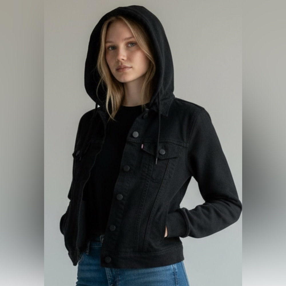 Levi's Black Women's Trucker Jean Jacket, hybrid, sweatshirt sleeves, hoody, XS - Picture 7 of 11